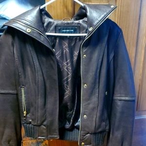 Brown leather bomber jacket
